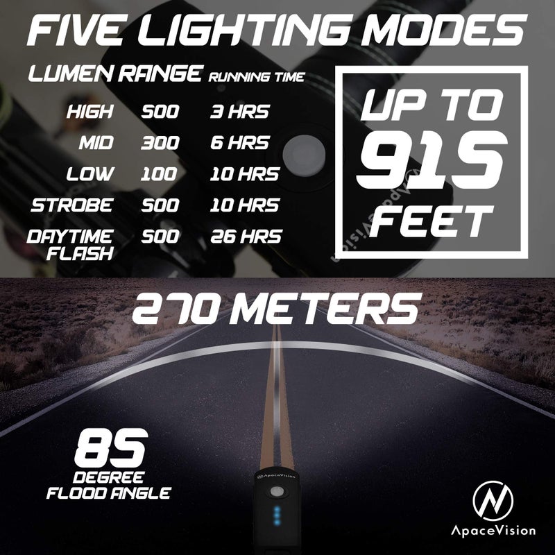 Apace Vision 500 Lumens Bike Light Set USB Rechargeable - Powerful Bicycle Headlight & LED Tail Light Combo - Super Bright IPX5 Waterproof MTB Road Commuter Front and Back Cycle Lights by Apace - Image 4